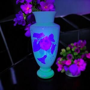 Antique Uranium Harrach Bohemian Hand Enameled Vase-Teal-Aqua-Turquoise-Glass